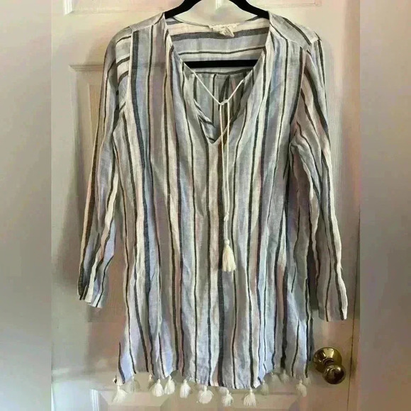 c and c california 100% Linen Shirt Blouse Small Oversized Pink Strip Tassels - Picture 1 of 7